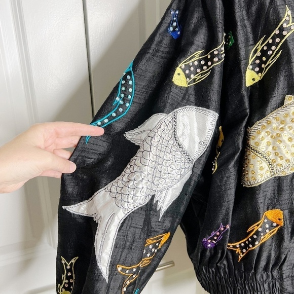 Vintage JA Resort Embroidered Black Silk Bomber Jacket Fish Sequins Sz Medium - Picture 6 of 8